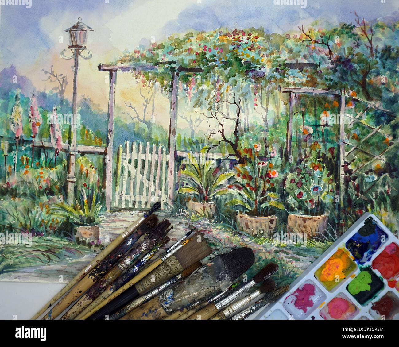 Forniture scolastiche per giardino fiorito Pittura acquerello , palette Foto Stock