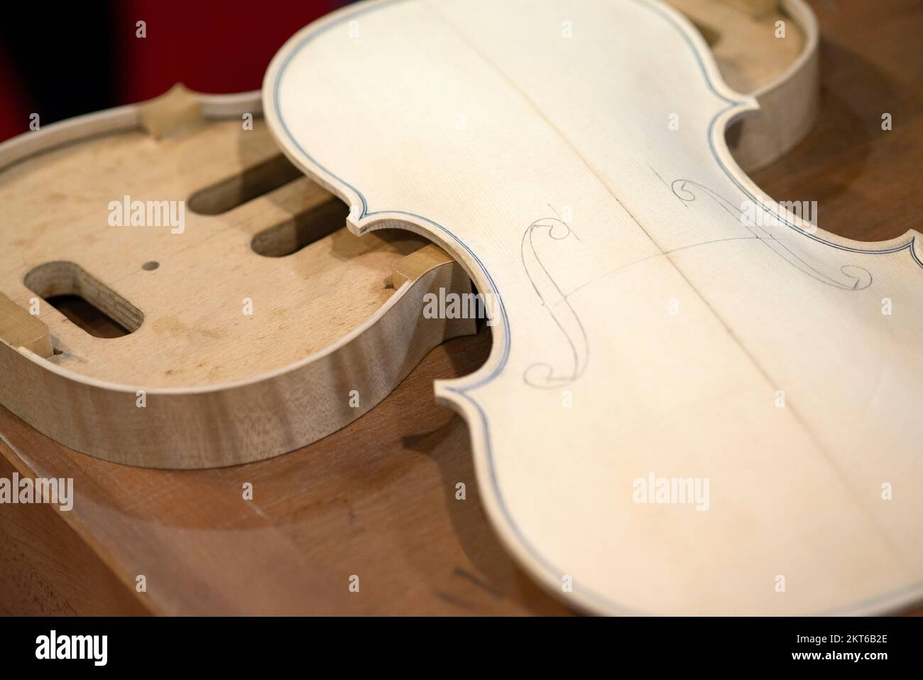 L'Italia, Lombardia, Cremona, Liutaio Worshop, Close up di violino Foto Stock