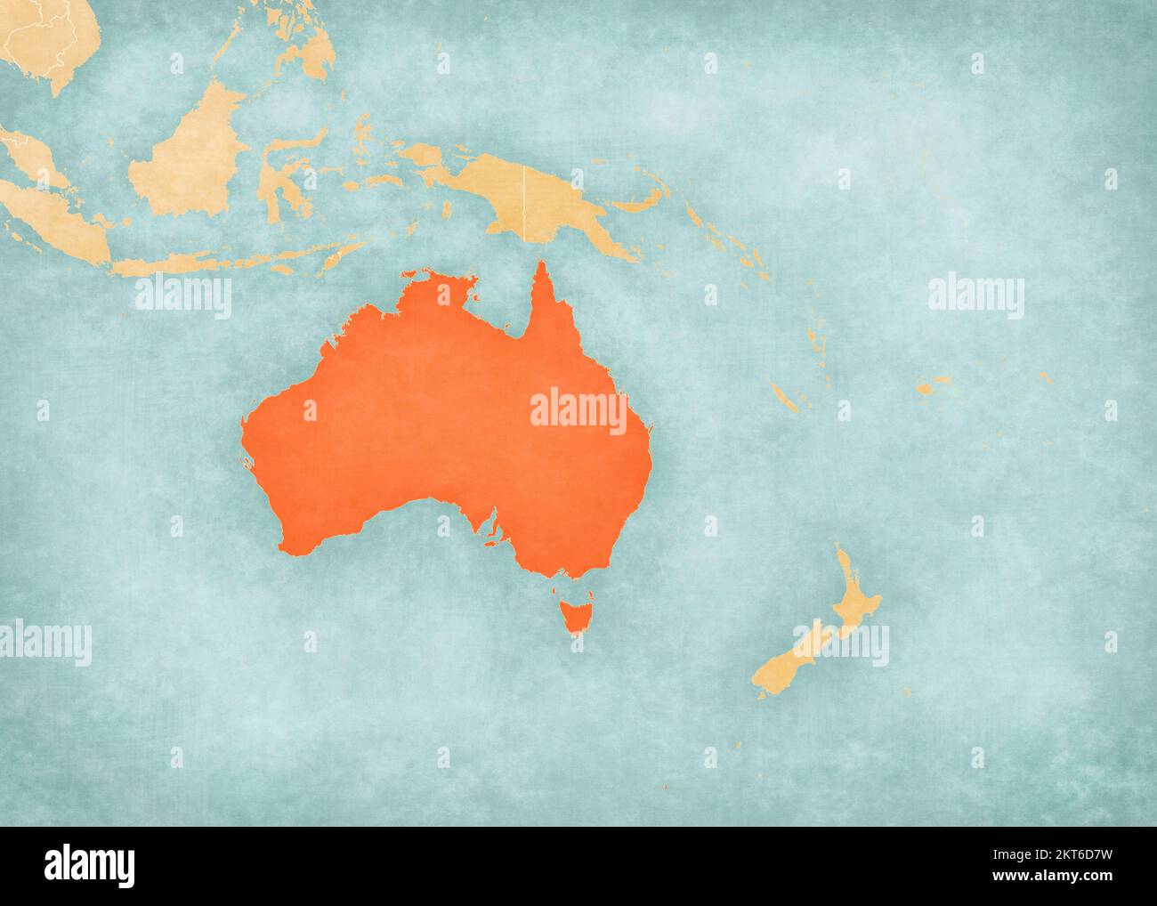 Australia sulla mappa di Australasia (Oceania) in morbido grunge e stile vintage, come carta vecchia con pittura ad acquerello. Foto Stock