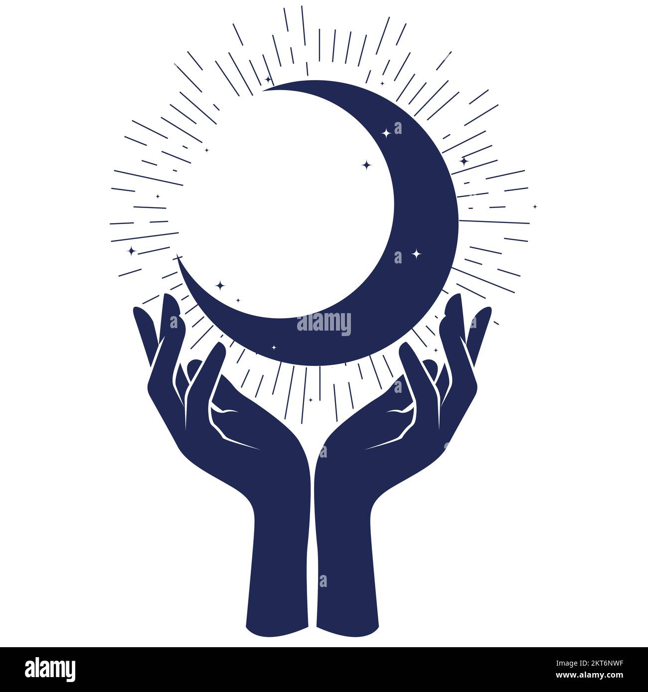 Le mani della donna sostengono la mezzaluna, la predizione, la magia e la stregoneria della luna, vettore Illustrazione Vettoriale