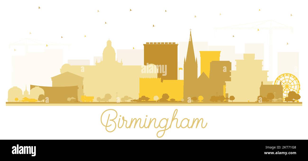 Birmingham UK City Skyline Silhouette con edifici dorati isolati su White. Illustrazione vettoriale. Il paesaggio urbano di Birmingham con i suoi punti di riferimento. Illustrazione Vettoriale