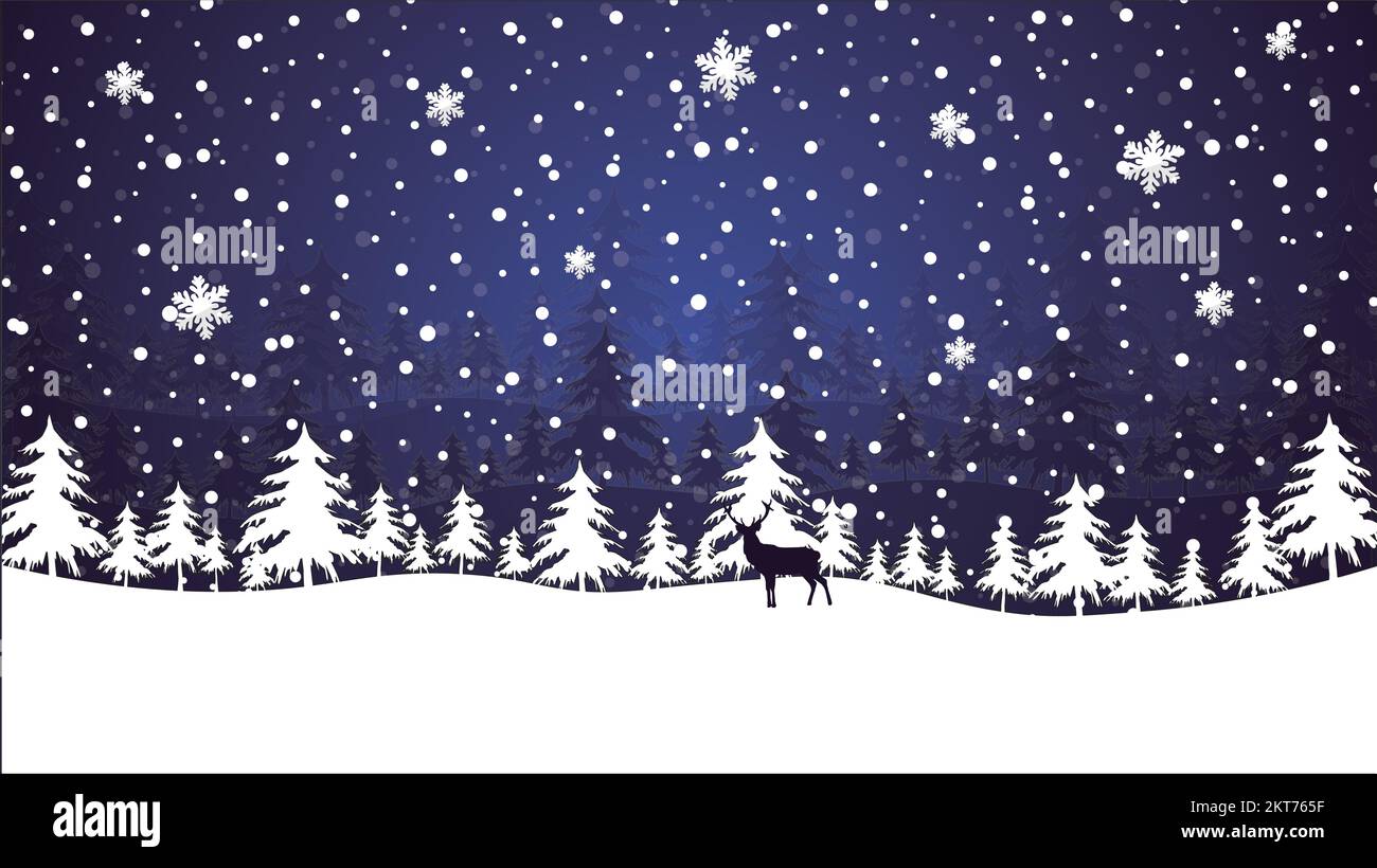 sfondo invernale notturno con varie sfumature di foresta blu e innevata, in primo piano una renna, un sacco di fiocchi di neve stanno cadendo sulla pianura del th Illustrazione Vettoriale