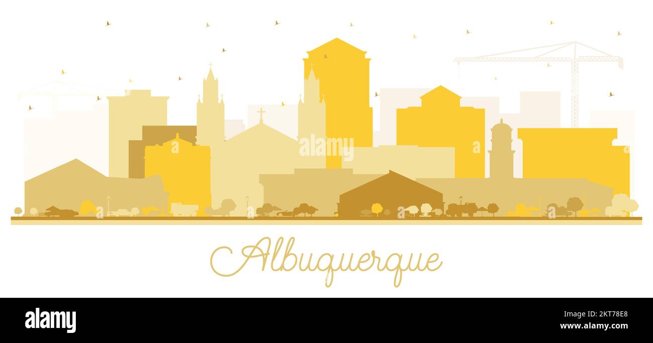 Albuquerque New Mexico City Skyline Silhouette con edifici dorati isolati su White. Illustrazione vettoriale. Albuquerque USA con luoghi di interesse. Illustrazione Vettoriale