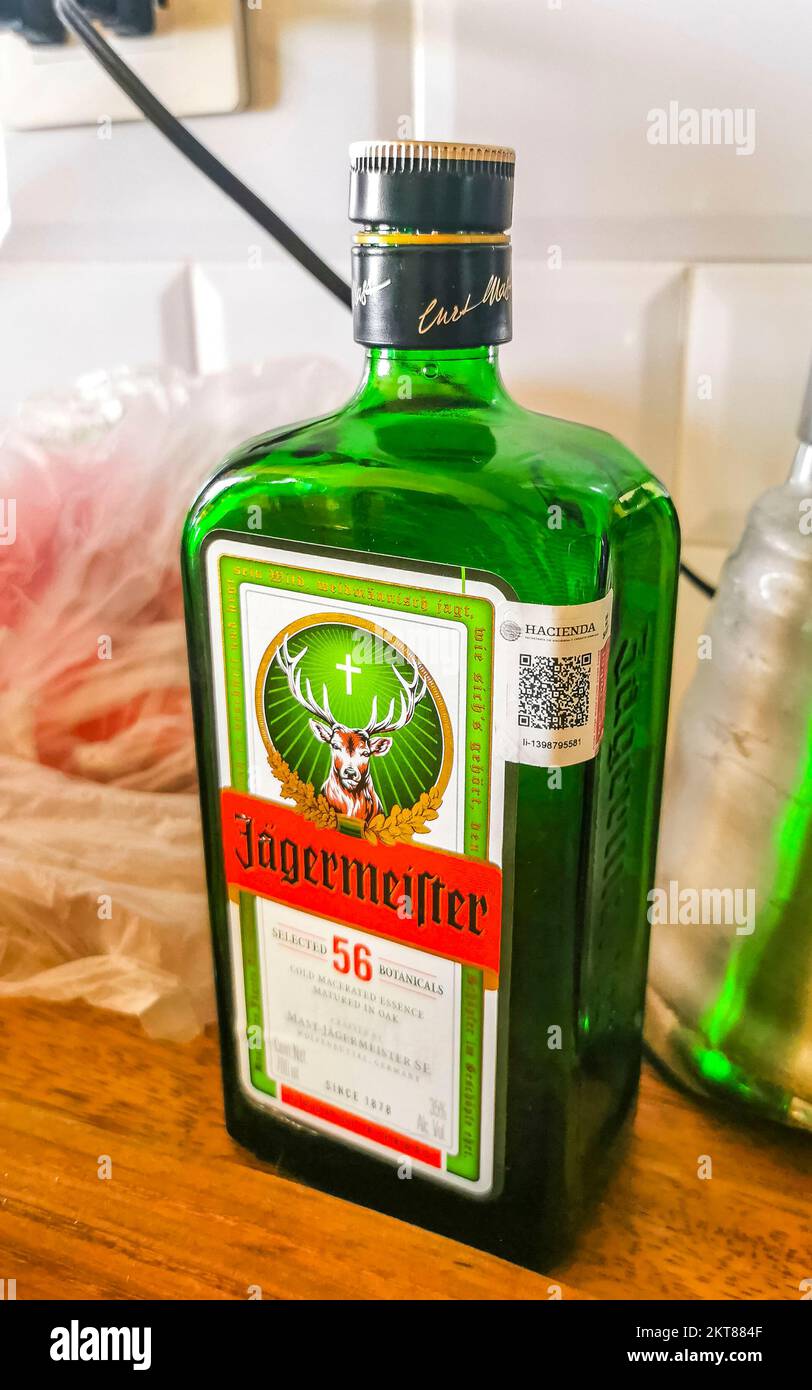 Bottiglia di Jägermeister sul tavolo a Playa del Carmen Quintana Roo Messico. Foto Stock