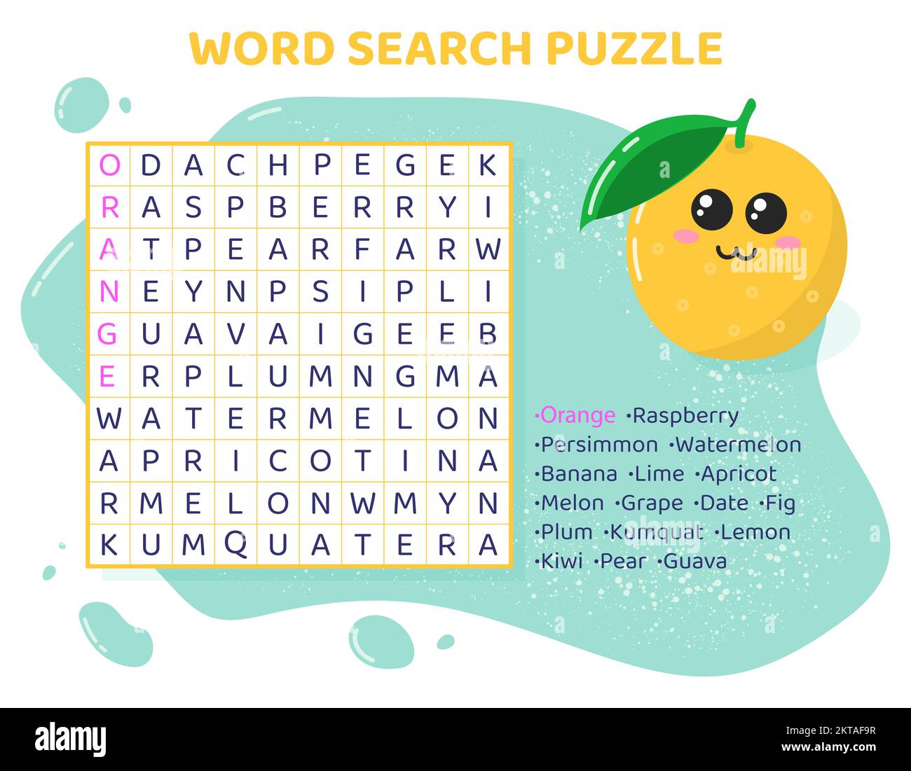Parola di ricerca puzzle con frutti e bacche. Illustrazione Vettoriale