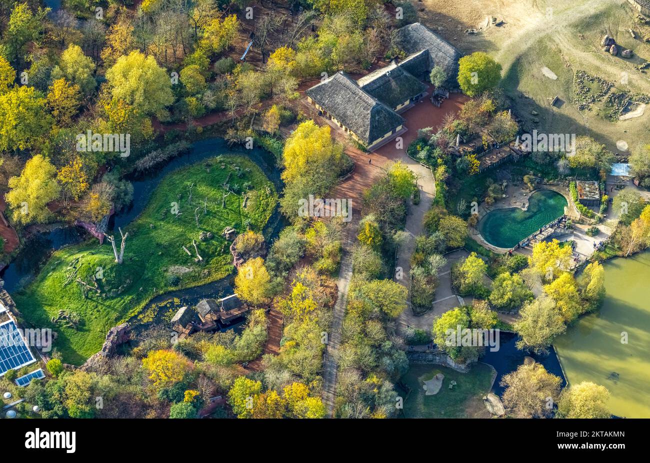 Vista aerea, ZOOM Zoo di Erlebniswelt, Bismarck, Gelsenkirchen, zona della Ruhr, Renania settentrionale-Vestfalia, Germania, DE, Europa, fotografia aerea, Panoramica, Bir Foto Stock