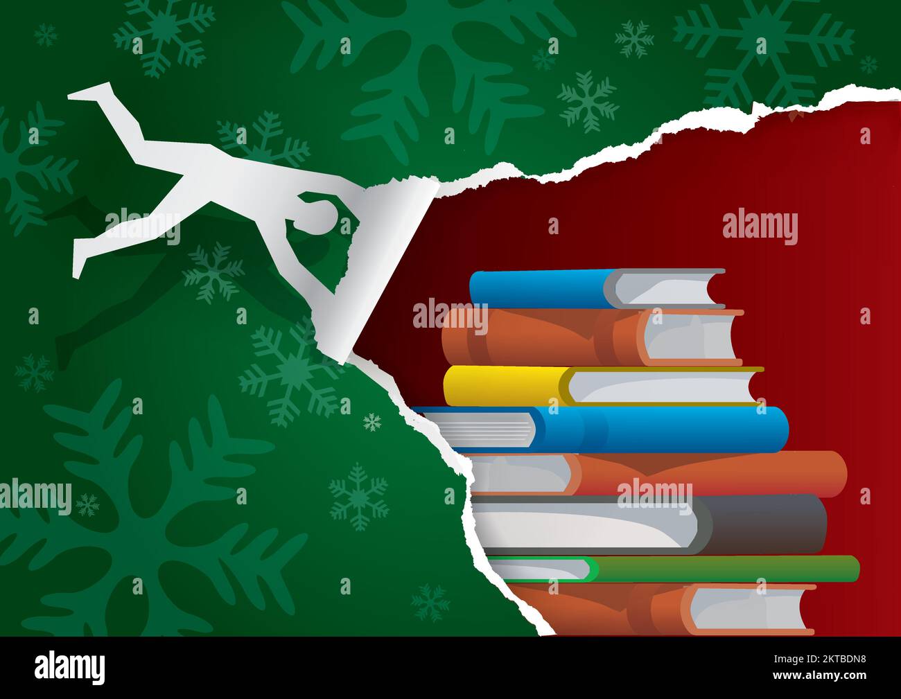 Volante uomo strappare carta da imballaggio di Natale, alla scoperta di libri. Silhouette maschile stilizzata che strappa sfondo di carta verde con fiocchi di neve. Illustrazione Vettoriale