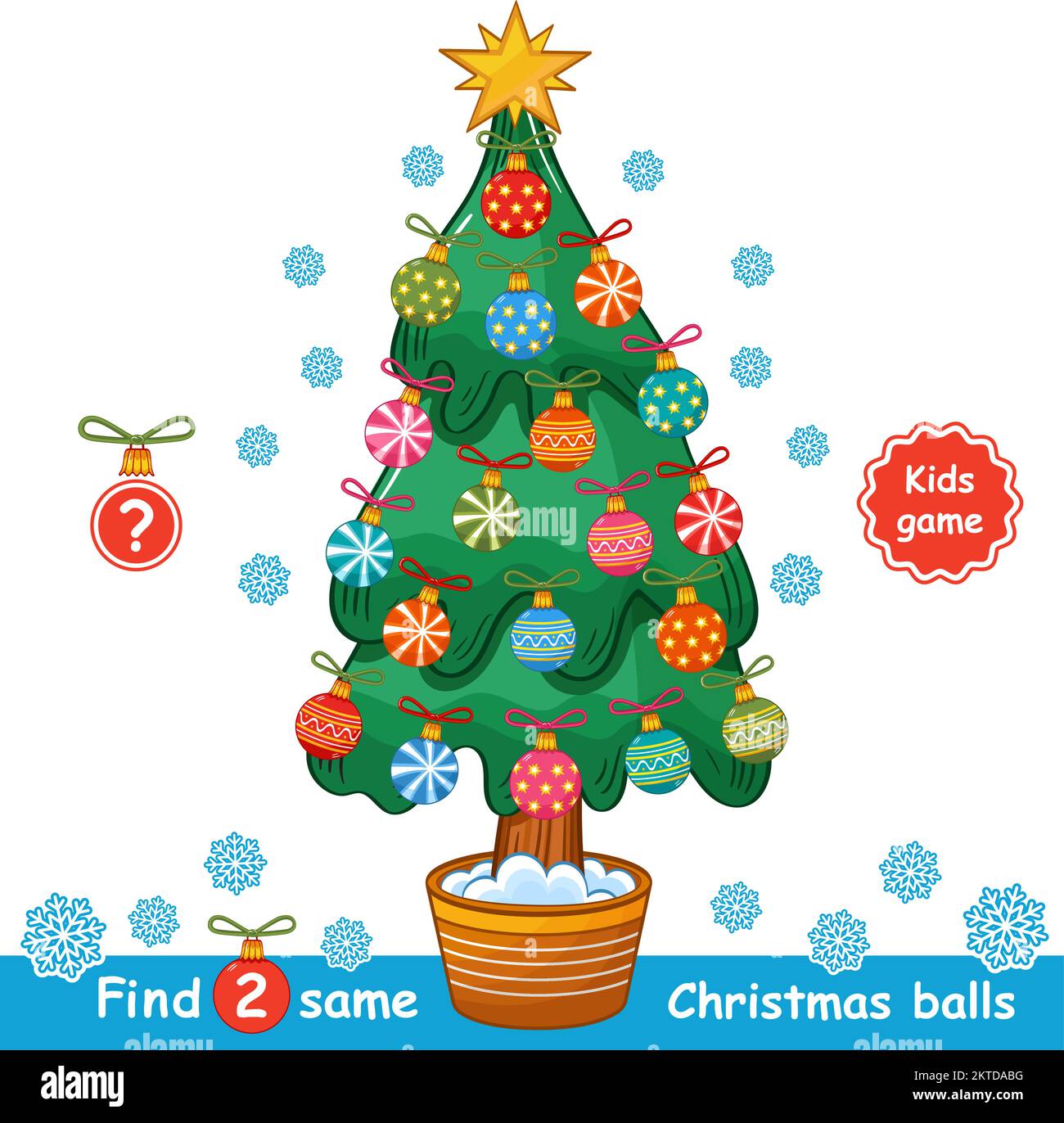 Trovare due stesse palle di Natale, vetro decorativo albero giocattolo immagine gioco bambini istruzione. Cerca identico nuovo anno abete decorazione. Vettore puzzle capretto Illustrazione Vettoriale