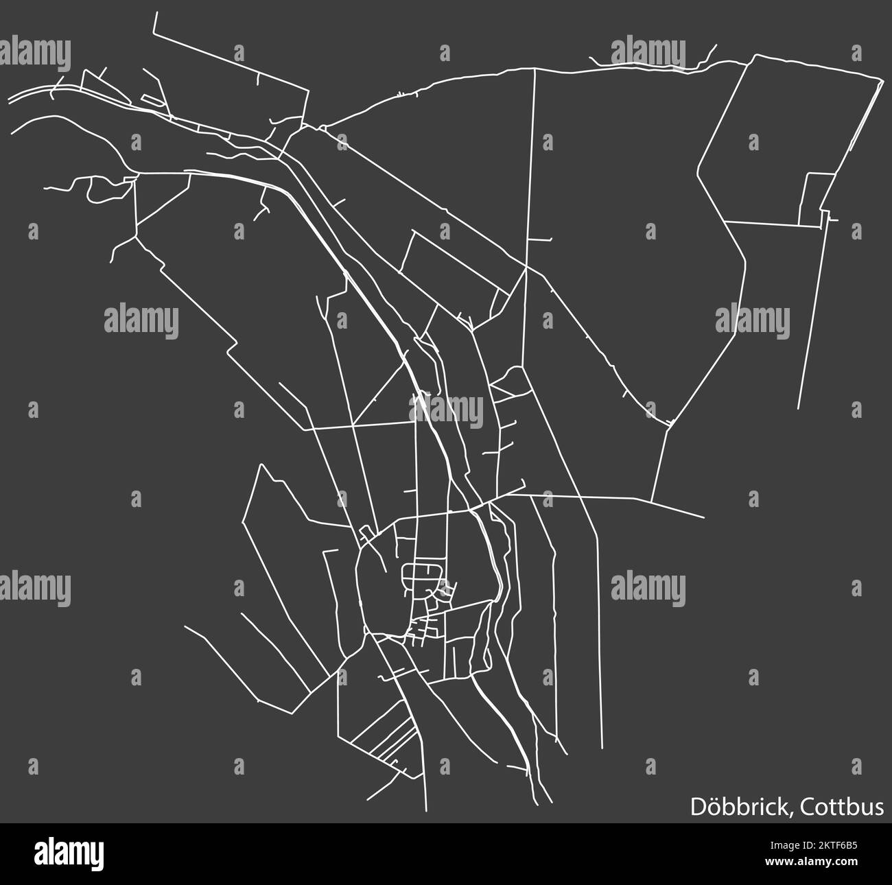 Navigazione negativa dettagliata linee bianche strade urbane mappa del DISTRETTO di DÖBBRICK della città tedesca di COTTBUS, Germania su sfondo grigio scuro Illustrazione Vettoriale