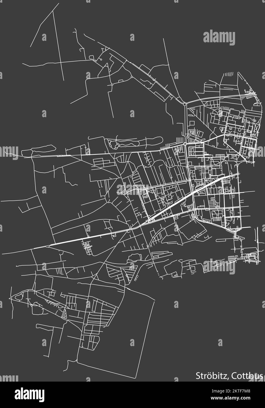 Navigazione negativa dettagliata linee bianche strade urbane mappa del DISTRETTO di STRÖBITZ della città tedesca di COTTBUS, Germania su sfondo grigio scuro Illustrazione Vettoriale