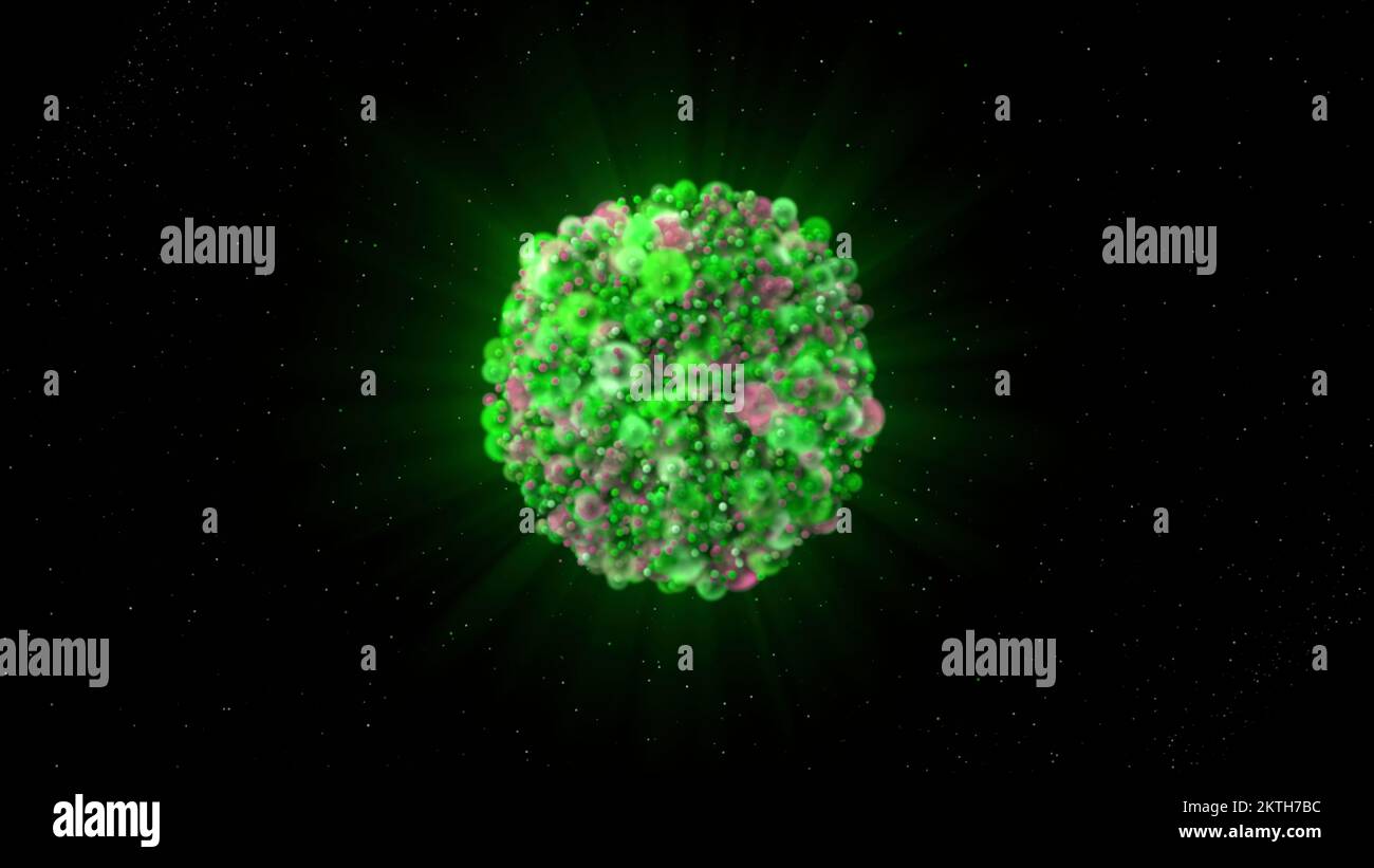 Divisione astratta di cellule in forma rotonda 3D shere isolato su uno sfondo nero. Movimento. Oggetto 3D sconosciuto di piccole cellule Foto Stock