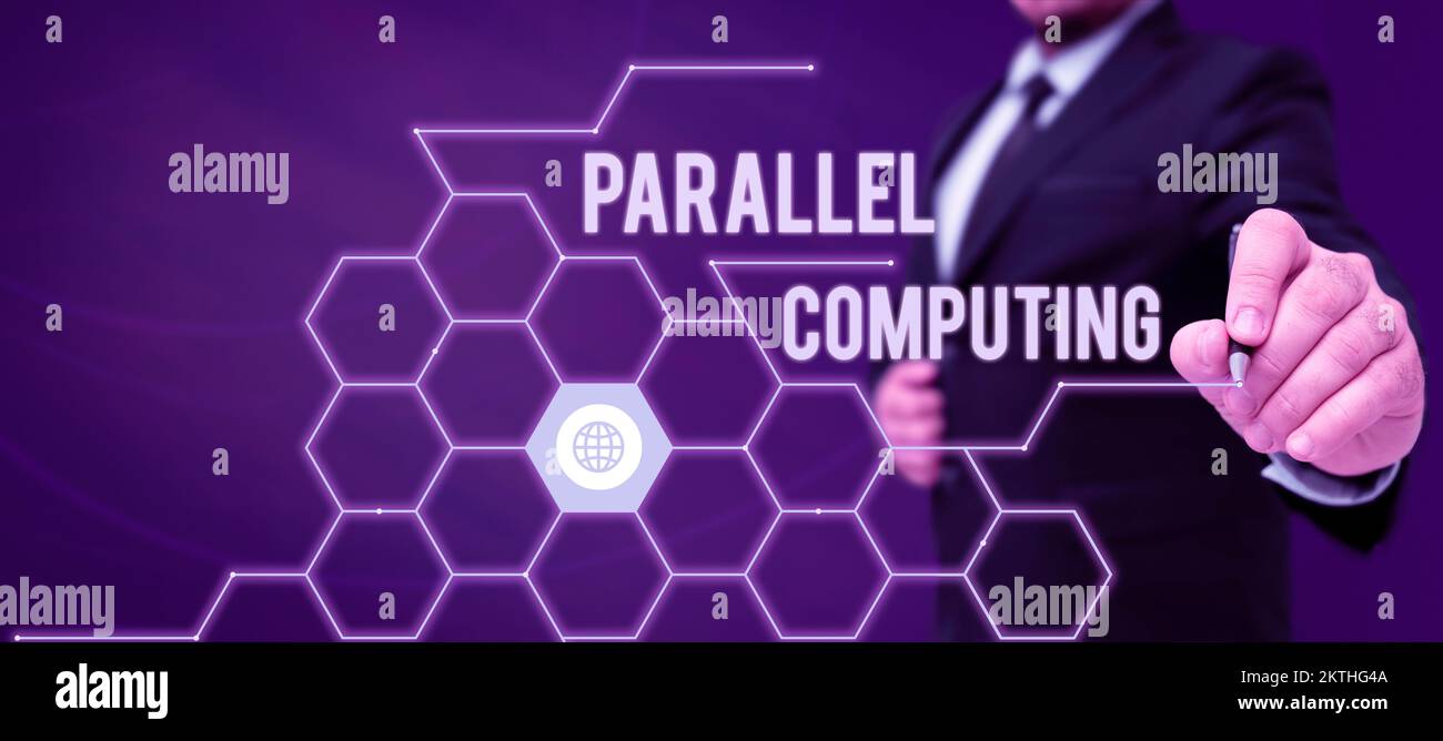 Segnale di testo che mostra il calcolo simultaneo di Parallel Computing, Business Approach tramite software e hardware Foto Stock