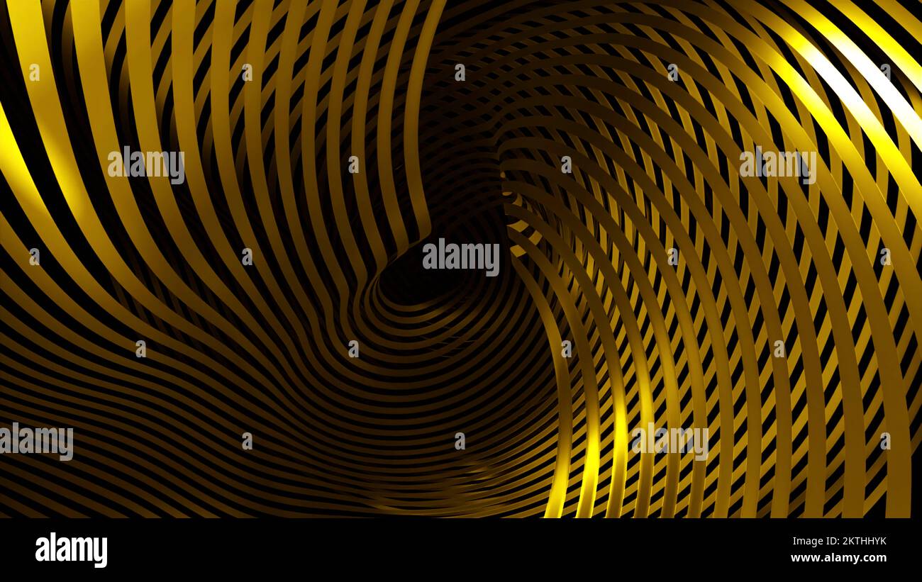Sfondo scintillante. Design.le strisce gialle e luminose nell'astrazione si torcere lentamente e creano movimento. Riprese in 4K di alta qualità Foto Stock