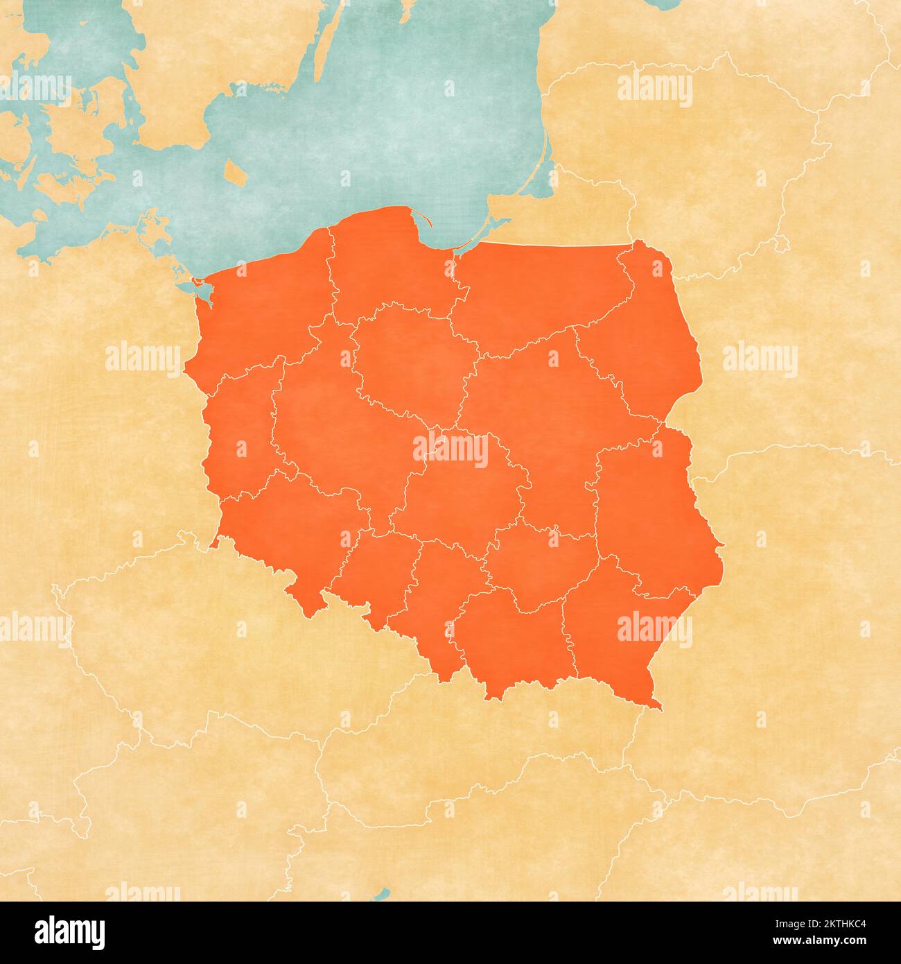Mappa della Polonia con bordi di voivodeships in morbido grunge e stile vintage, come carta vecchia con pittura ad acquerello. Foto Stock