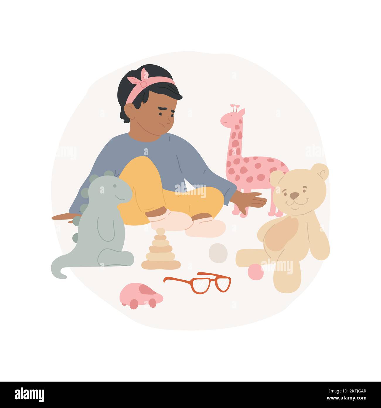 Bambino perdere occhiali isolato cartone animato illustrazione vettoriale. Gli occhiali dimenticati si trovano tra i giocattoli, bambino perdere occhiali, negligenza, capretto sentirsi colpevole, bambino abito vettore cartoon. Illustrazione Vettoriale