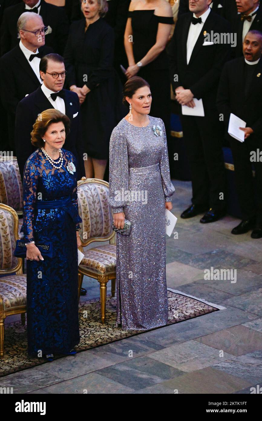 La regina Silvia e la principessa ereditaria Victoria di Svezia durante un concerto per i membri del Parlamento svedese al Palazzo reale di Stoccolma, Svezia Foto Stock