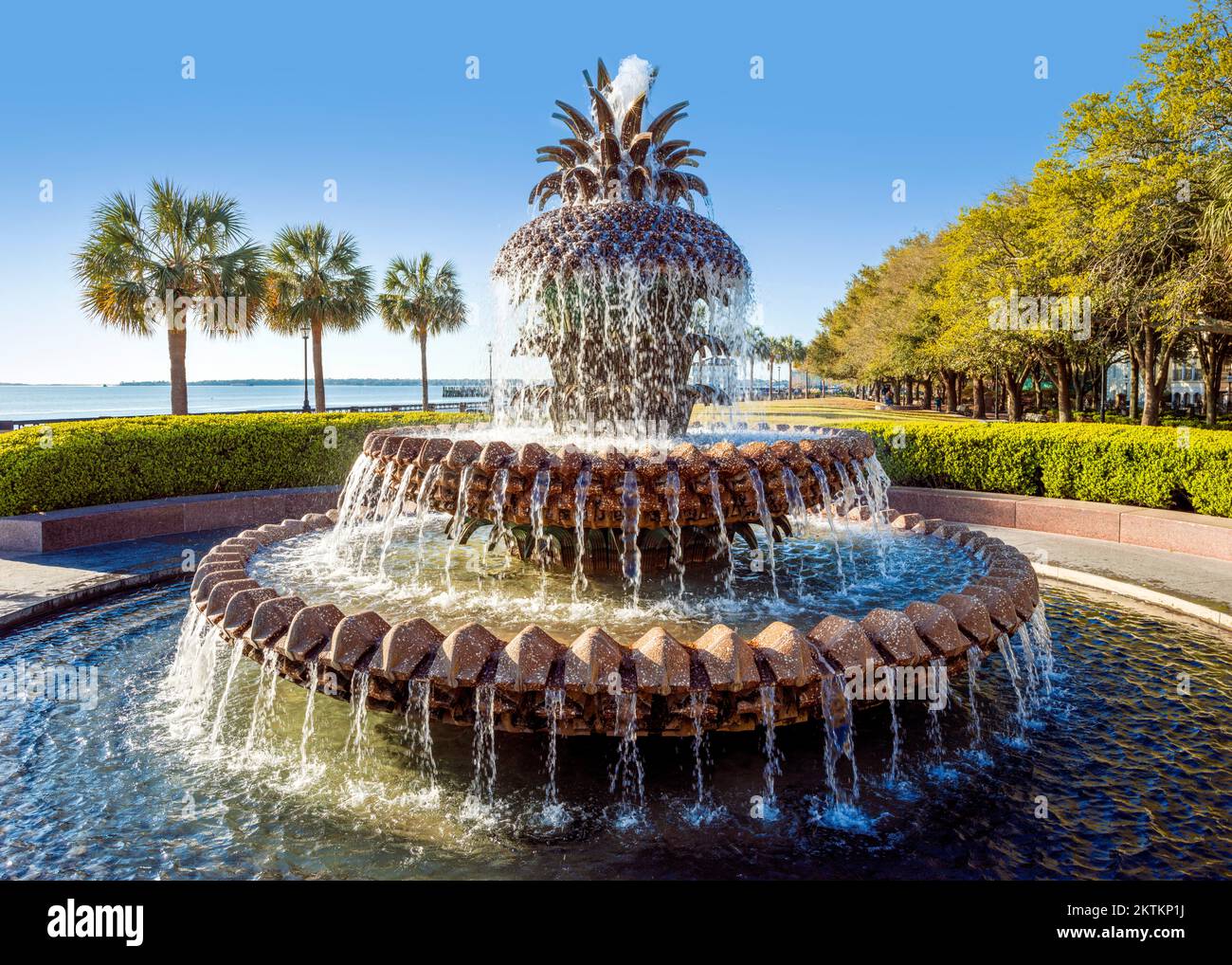 Fontana a forma di ananas a più strati affacciata sul lungomare, famosa per le foto. Situato in: Joe Riley Waterfront Park Charleston, South Carolina, Foto Stock