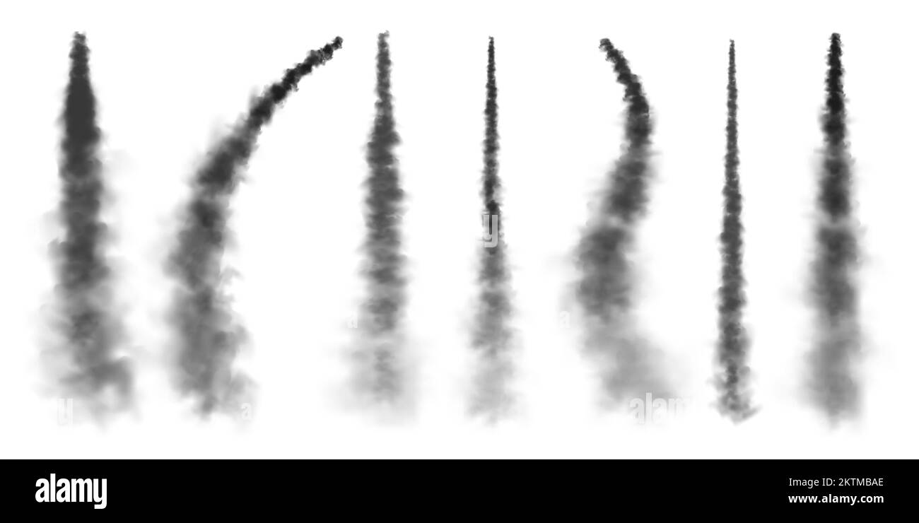 Missile realistico o bullet trail. Piste di condensazione di aerei, piste di aerei a reazione. Lancio del razzo spaziale. Nubi di fumo nero, esplosione. Flusso di vapore Illustrazione Vettoriale