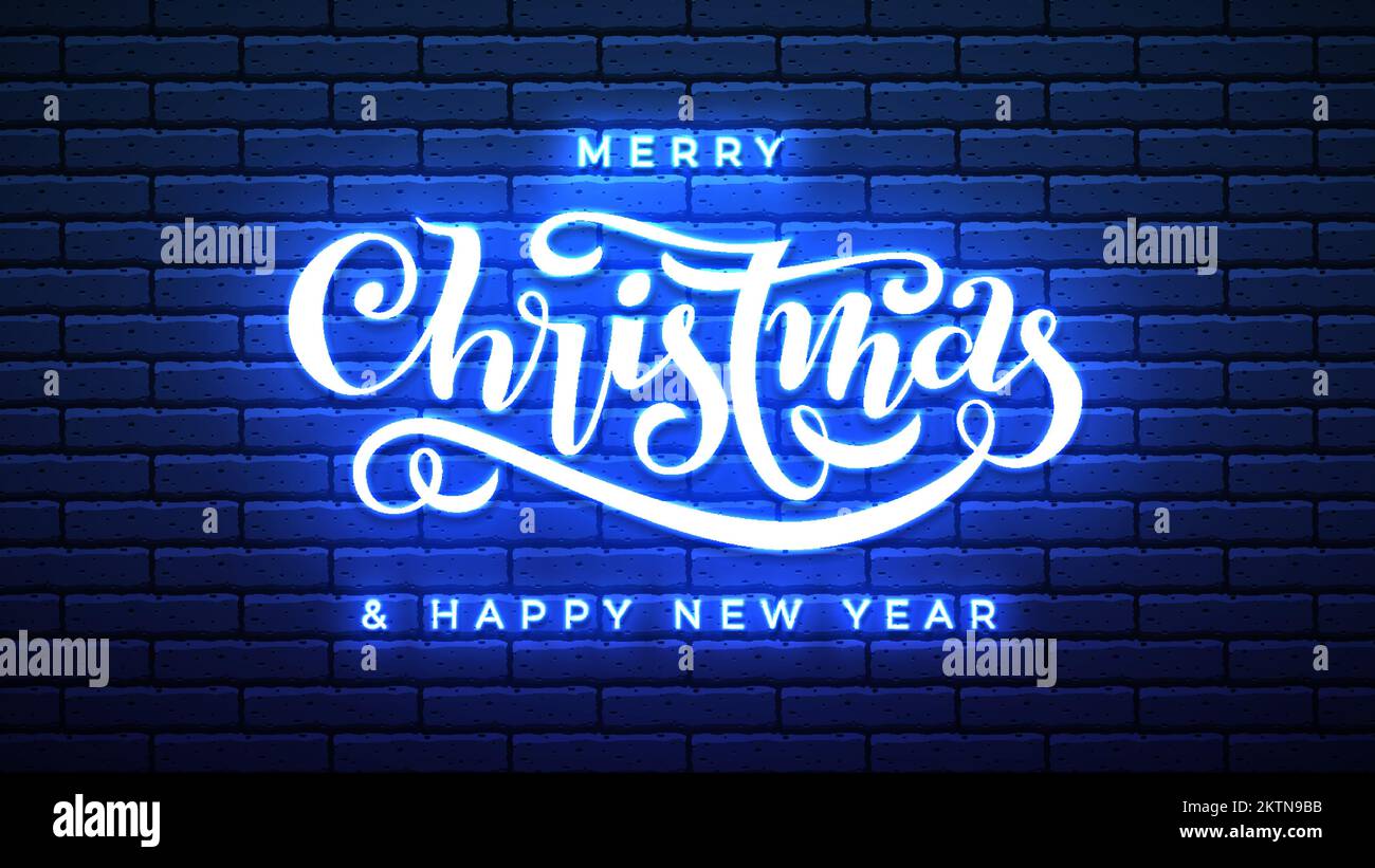 Buon Natale felice anno nuovo mano scritta al neon segno. Notte luminoso spazio fluorescente blu luminoso cartello. Poster alla moda natalizio. Luci al neon gelide su sfondo nero muro di mattoni Illustrazione Vettoriale
