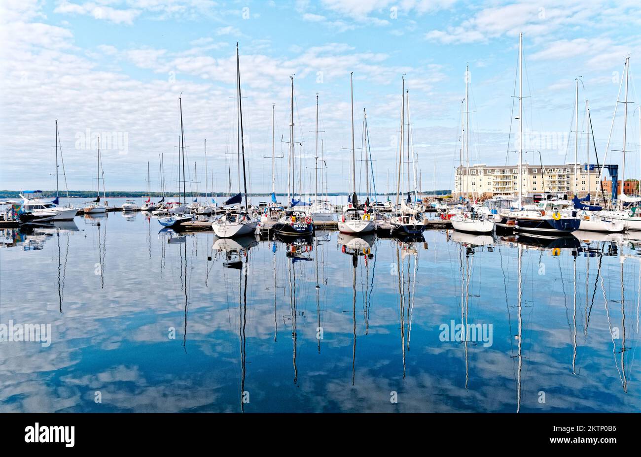 Alberi e riflessi della barca a vela Foto Stock