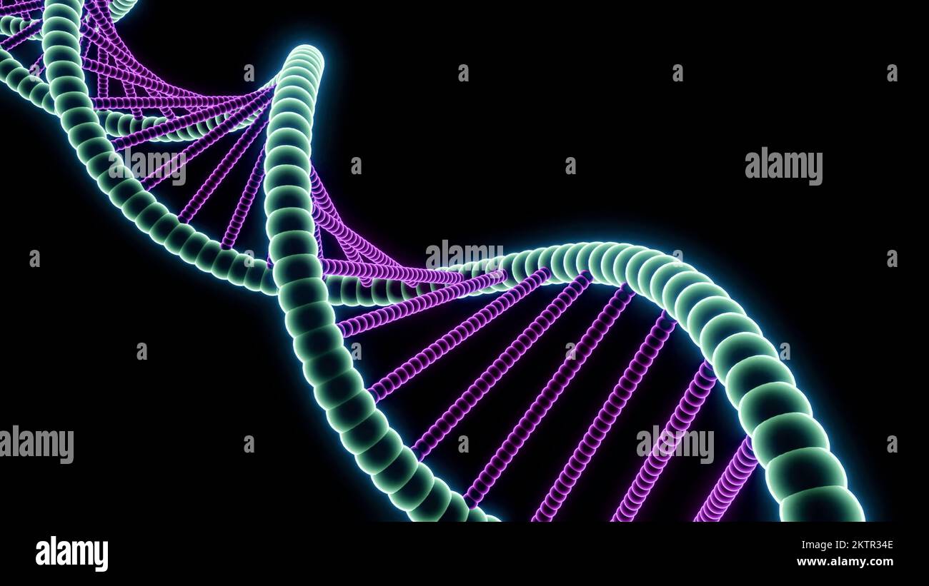 Sfondo nero. Design.Una forma vorticosa luminosa con toni luminosi a forma di dna che ruotano l'uno intorno all'altro nell'animazione. Riprese in 4K di alta qualità Foto Stock