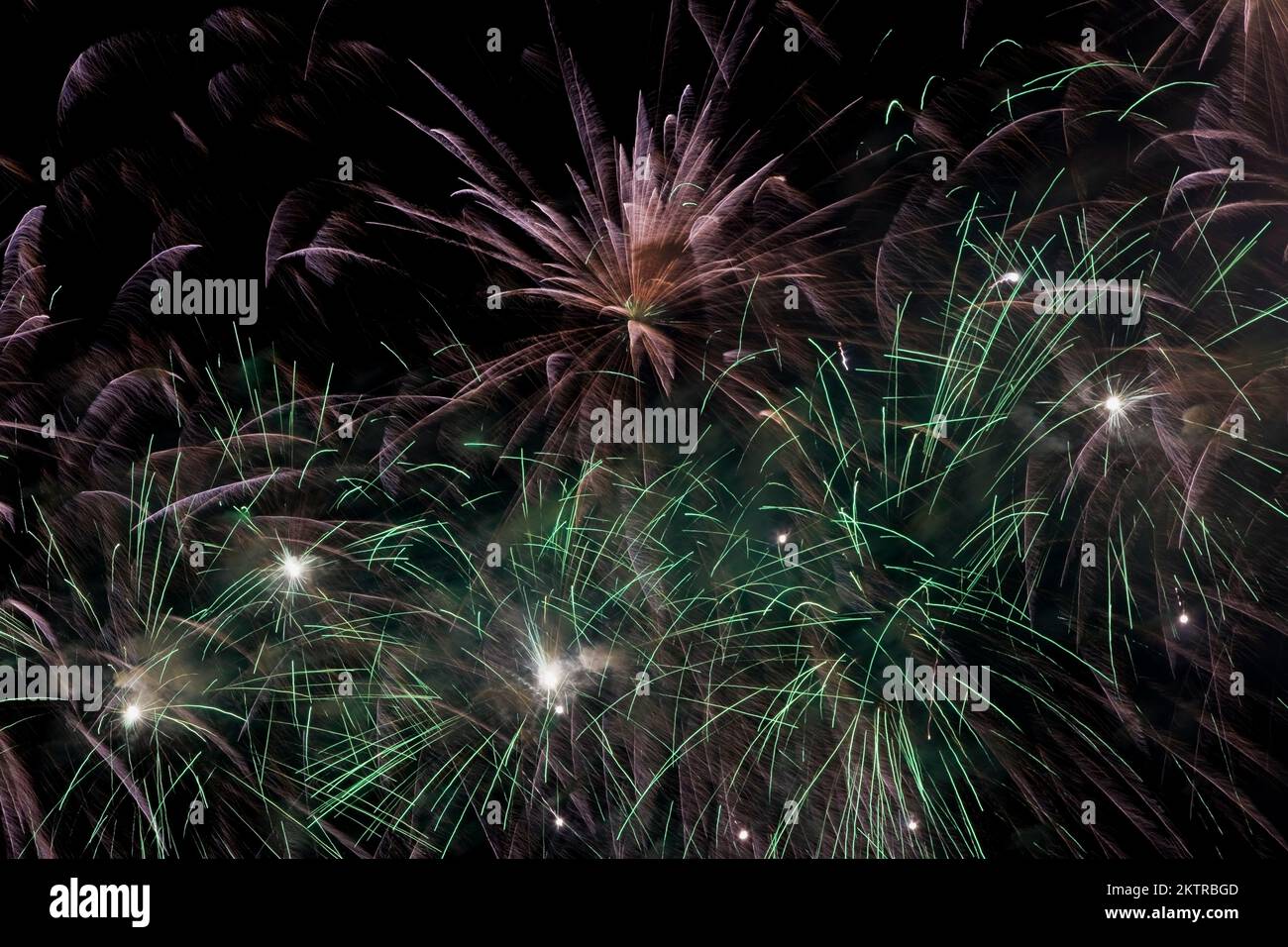 Fuochi d'artificio verdi e viola nel cielo notturno, Montreal, Quebec, Canada. Foto Stock