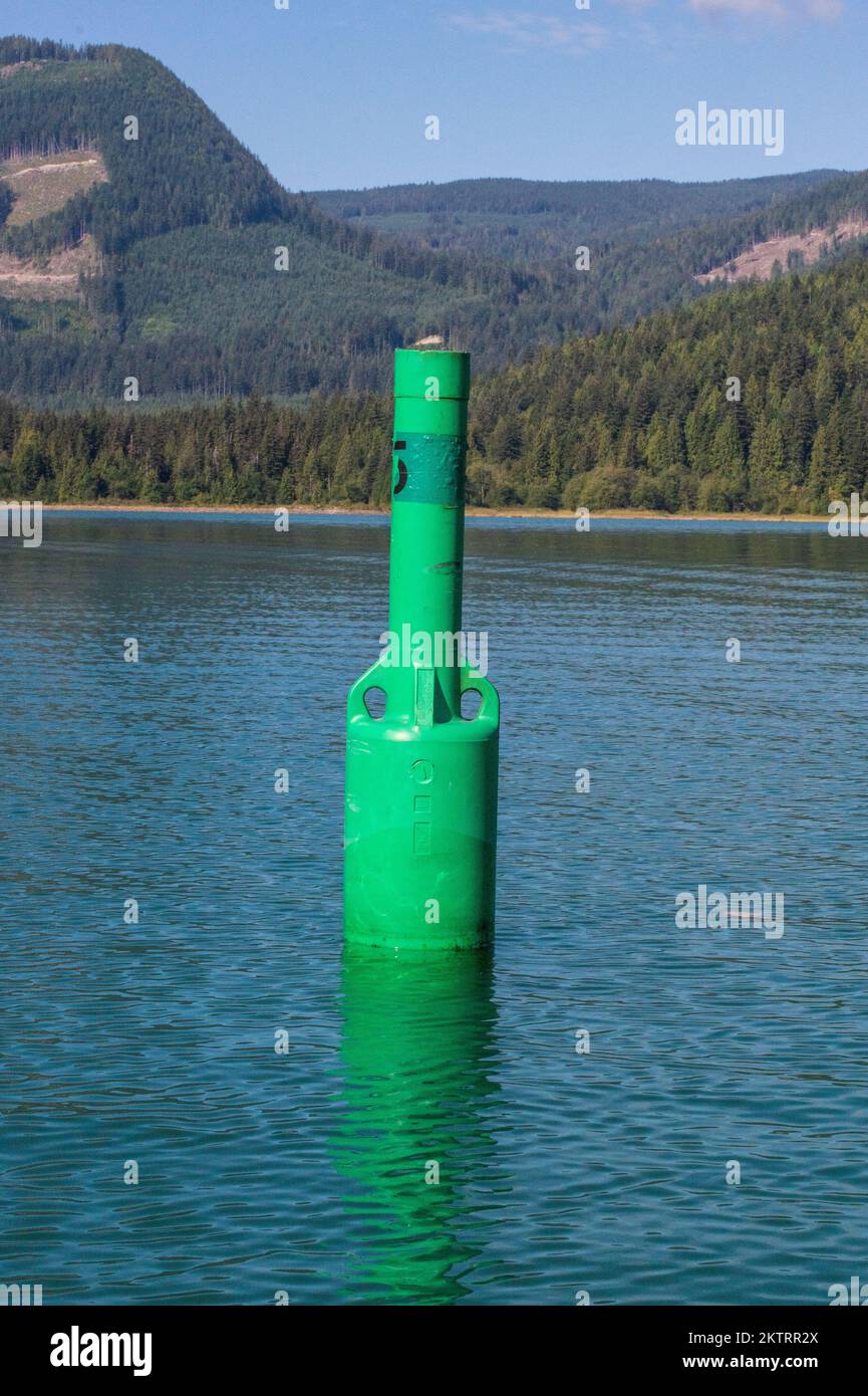 Boa verde di navigazione a dritta sul lago Stave a Mission, British Columbia, Canada Foto Stock