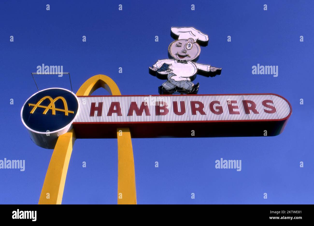 Segno vintage della mascotte Speedee al McDonalds originale a Downey, CA Foto Stock