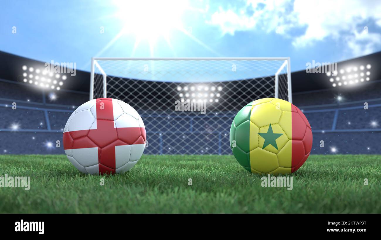 Due palline da calcio con bandiere colorate sullo sfondo luminoso sfocato dello stadio. Inghilterra vs Senegal. immagine 3d Foto Stock