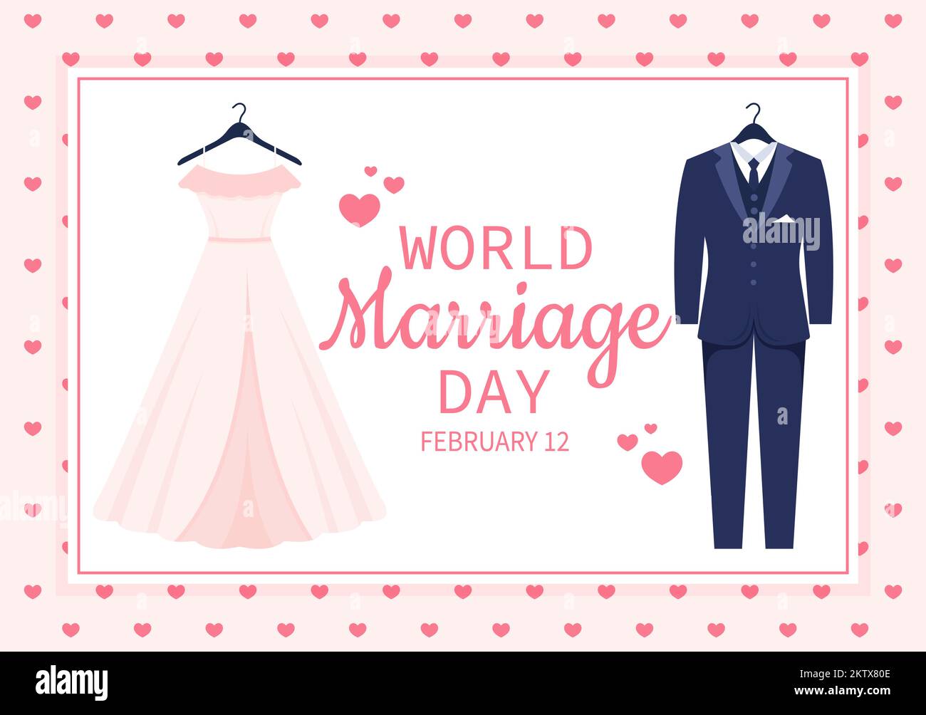 Giornata mondiale del matrimonio il 12 febbraio con simbolo d'amore per sottolineare la bellezza e la fedeltà di un partner in Cartoon piano modelli disegnati a mano Illustrazione Illustrazione Vettoriale
