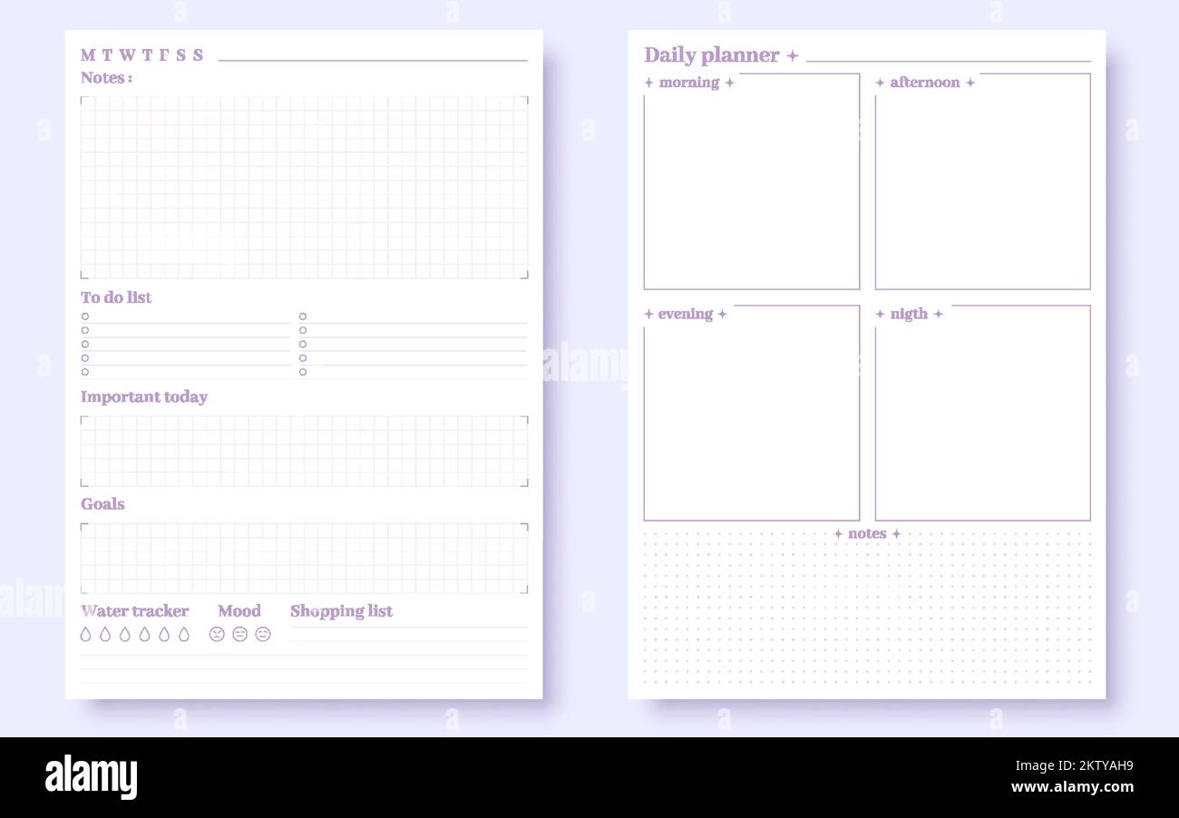 Pianificazione quotidiana tempo giorno vuoto carino viola piatto set. Per fare il compito mattina pomeriggio sera contrassegno acqua tracker lista di shopping importante nota completata A5 pagina organizer obiettivo tracking pagina ufficio Illustrazione Vettoriale