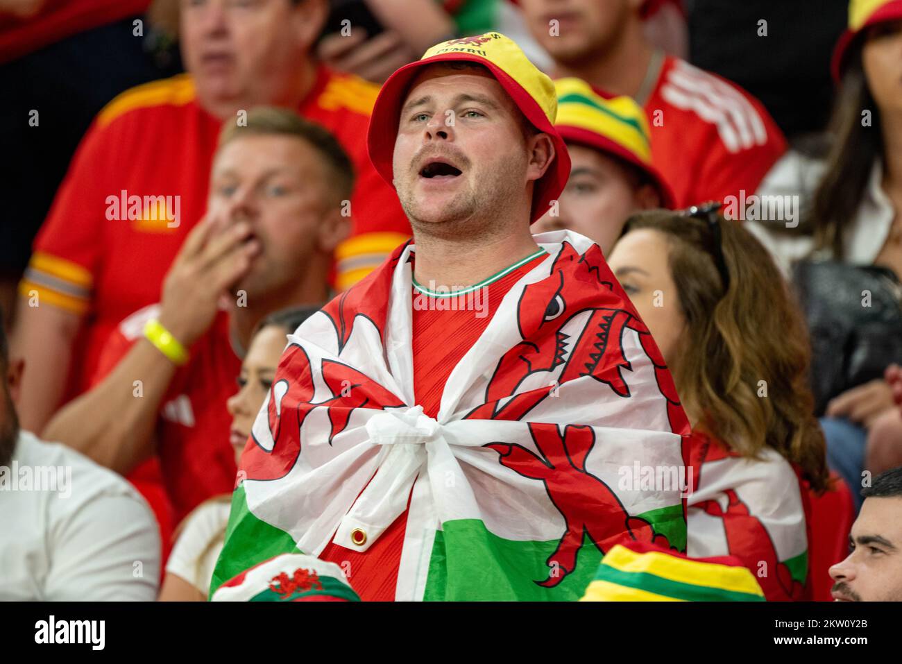 Al Rayyan, Qatar. 29th Nov 2022. Il tifoso gallese durante la Coppa del mondo FIFA Qatar 2022 partita di Gruppo B tra Galles e Inghilterra allo stadio Ahmad Bin Ali di al Rayyan, Qatar il 29 novembre 2022 (Foto di Andrew Surma/ Credit: Sipa USA/Alamy Live News Foto Stock