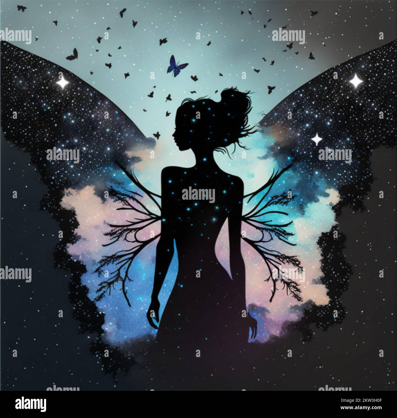 Fairy Silhouttes su uno sfondo di stelle, ali di farfalla con filigrana ramificata Foto Stock