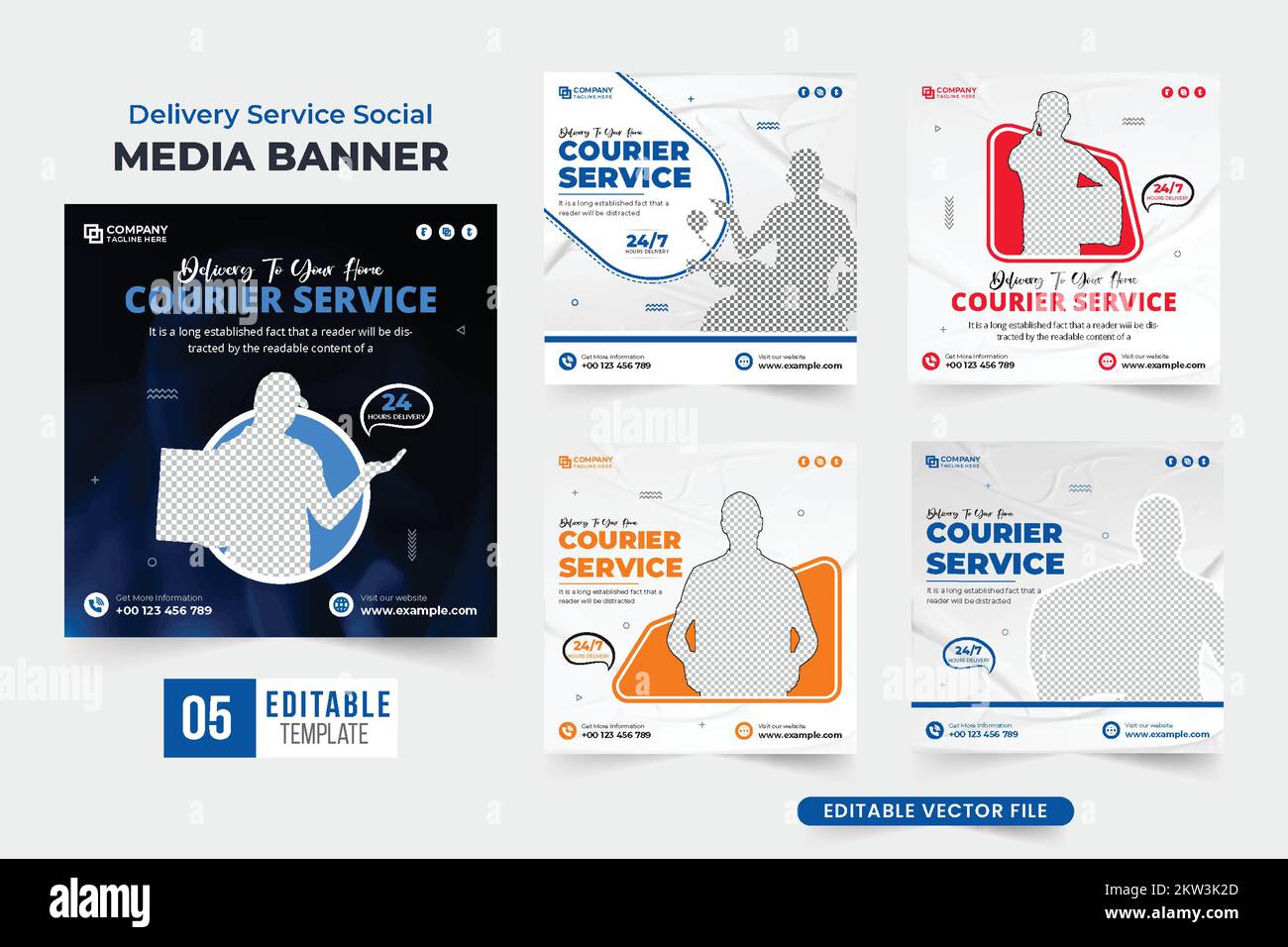 Design del pacchetto post sui social media del servizio di consegna su sfondi bianchi. Moderna collezione di banner Web promozionale Courier business con c blu e bianco Illustrazione Vettoriale