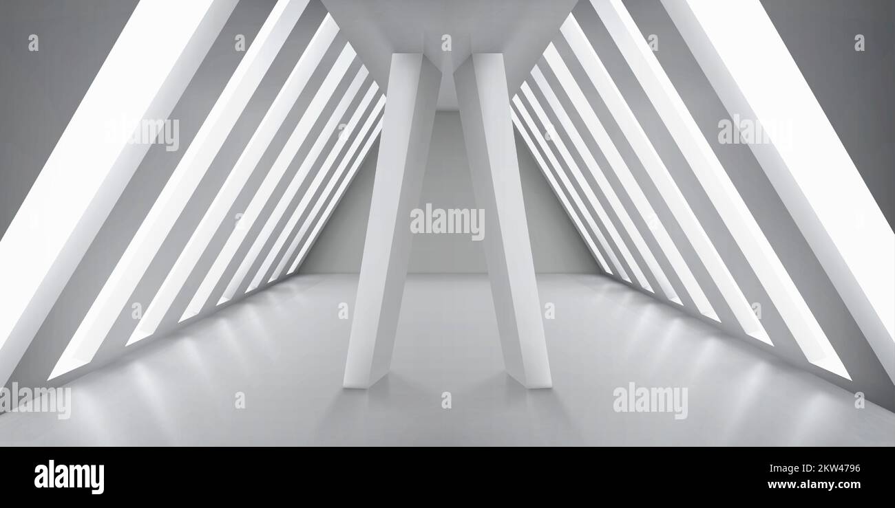 Futuristico interno bianco con colonne rettangolari e grandi finestre. Design architettonico realistico di uno spazio aperto sul tetto moderno per gallerie d'arte, musei, uffici o appartamenti. Illustrazione vettoriale Illustrazione Vettoriale