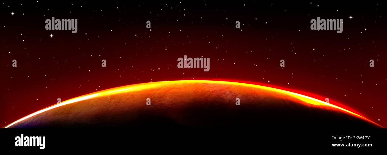 Marte pianeta alieno bordo in luce alba su cielo nero con stelle lucenti. Sfondo dello spazio esterno, globo del pianeta con bagliore rosso, atmosfera luminosa sul bordo dell'orizzonte, rappresentazione realistica del vettore 3D Illustrazione Vettoriale