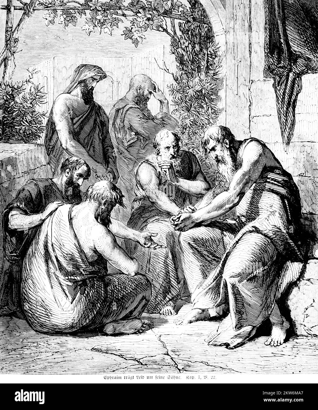 Efraim porta dolore per i suoi figli, gente, uomini, seduto a parlare, conversazione, Sofferenza, fuori, Bibbia, Antico Testamento, primo Libro delle Cronache, CH Foto Stock