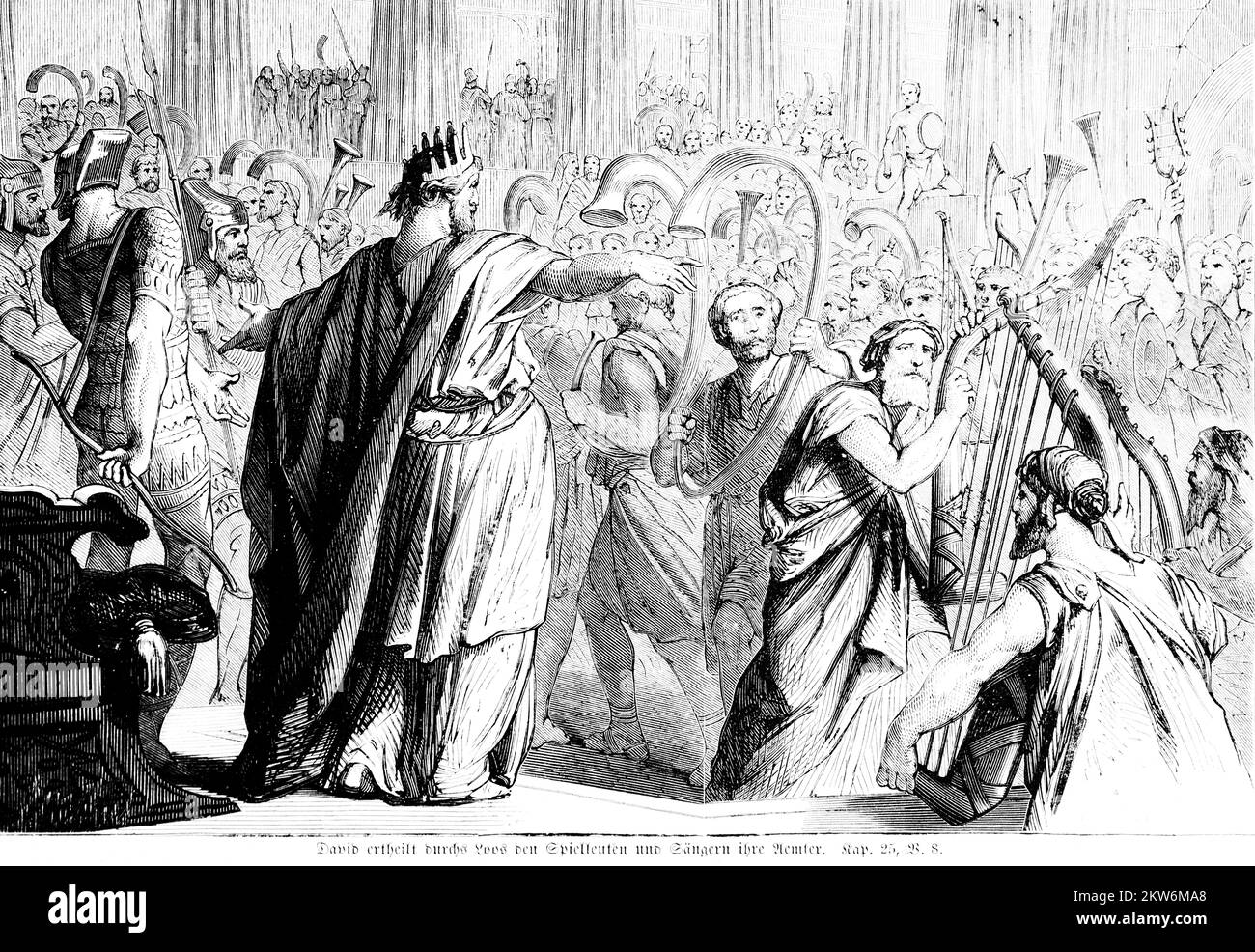 David concede a sorte ai minstrells e cantori i loro uffici, lotto, insegnante, allievo, piccolo, Cast, folla, trombe, arpa, Bibbia, Vecchio Testamento, primo B. Foto Stock