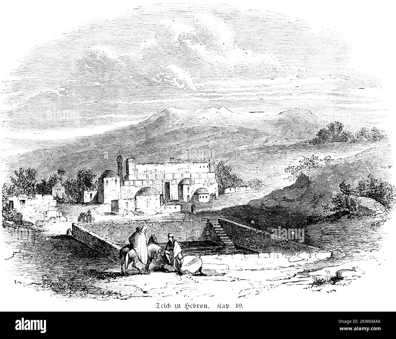 Stagno a Hebron, paesaggio, montagne, cavallo, cavaliere, Muro di città, alberi, Giudea, Cisgiordania, Bibbia, Vecchio Testamento, primo Libro delle Cronache, capitolo 10, hi Foto Stock