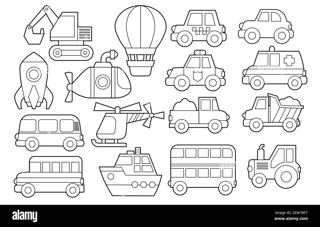 Set vettoriale di veicoli. Libro da colorare per attività per bambini. Livello semplice Illustrazione Vettoriale