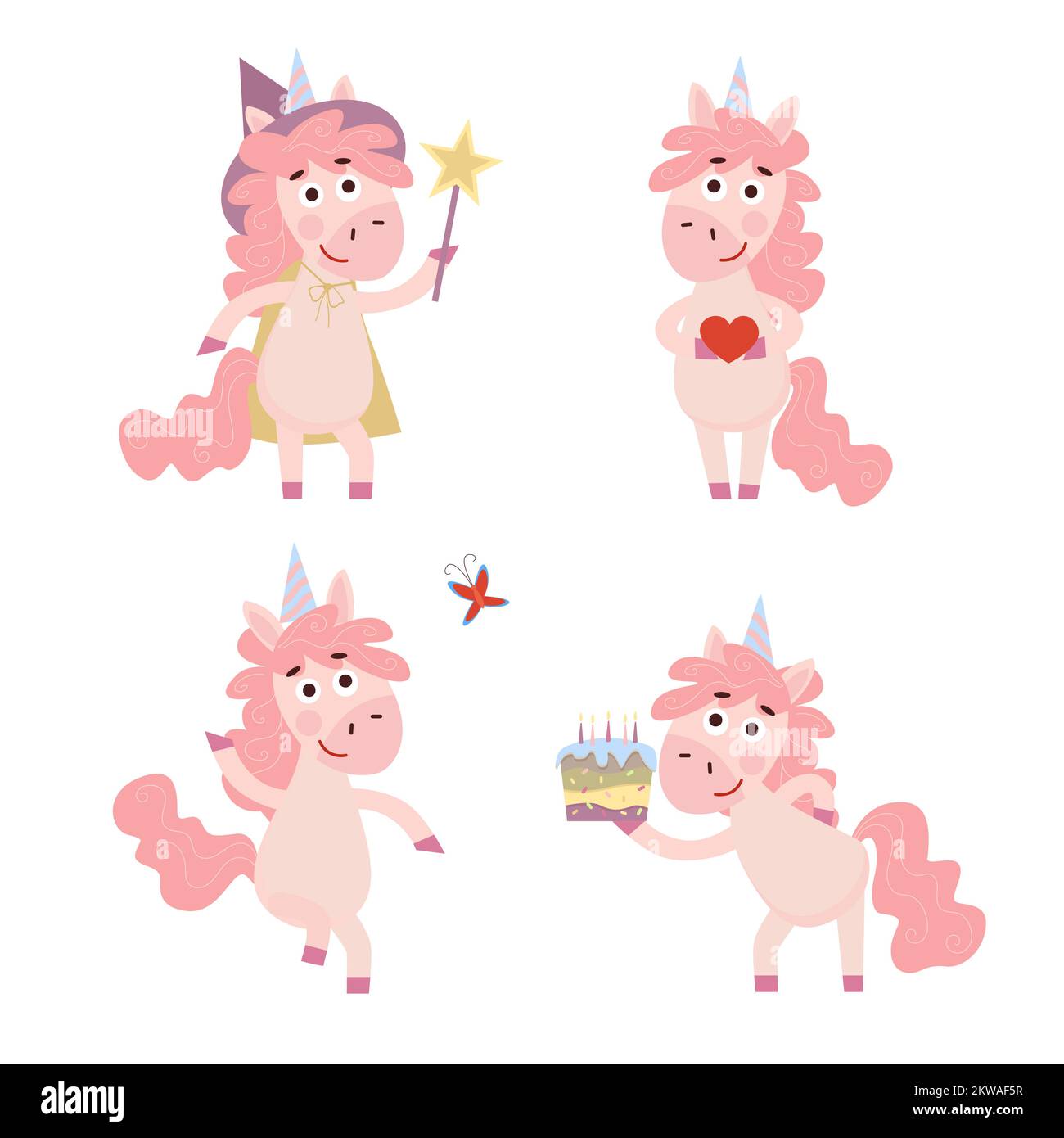 Raccolta di fumetti divertenti unicorno. SET di concetto per feste di compleanno. Felice carattere unicorno con torta, cuore e bacchetta magica. Illustrazione del vettore isolato Illustrazione Vettoriale