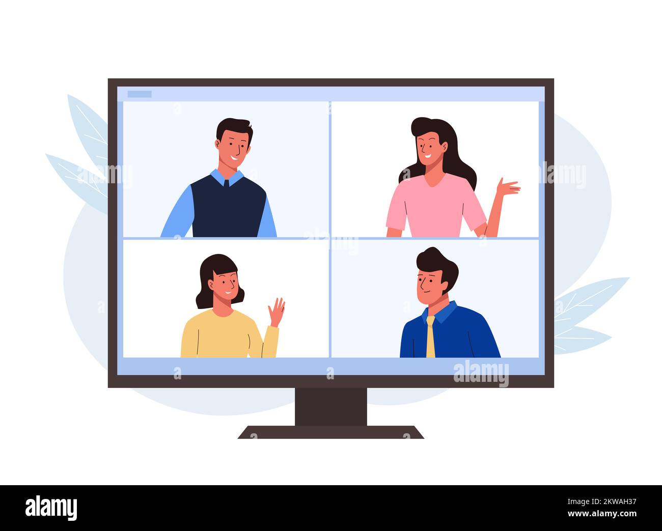 Incontro virtuale online con colleghi o amici. Videoconferenza di gruppo, concetto di lavoro remoto. Persone sullo schermo del computer. Illustrazione vettoriale in piano Illustrazione Vettoriale