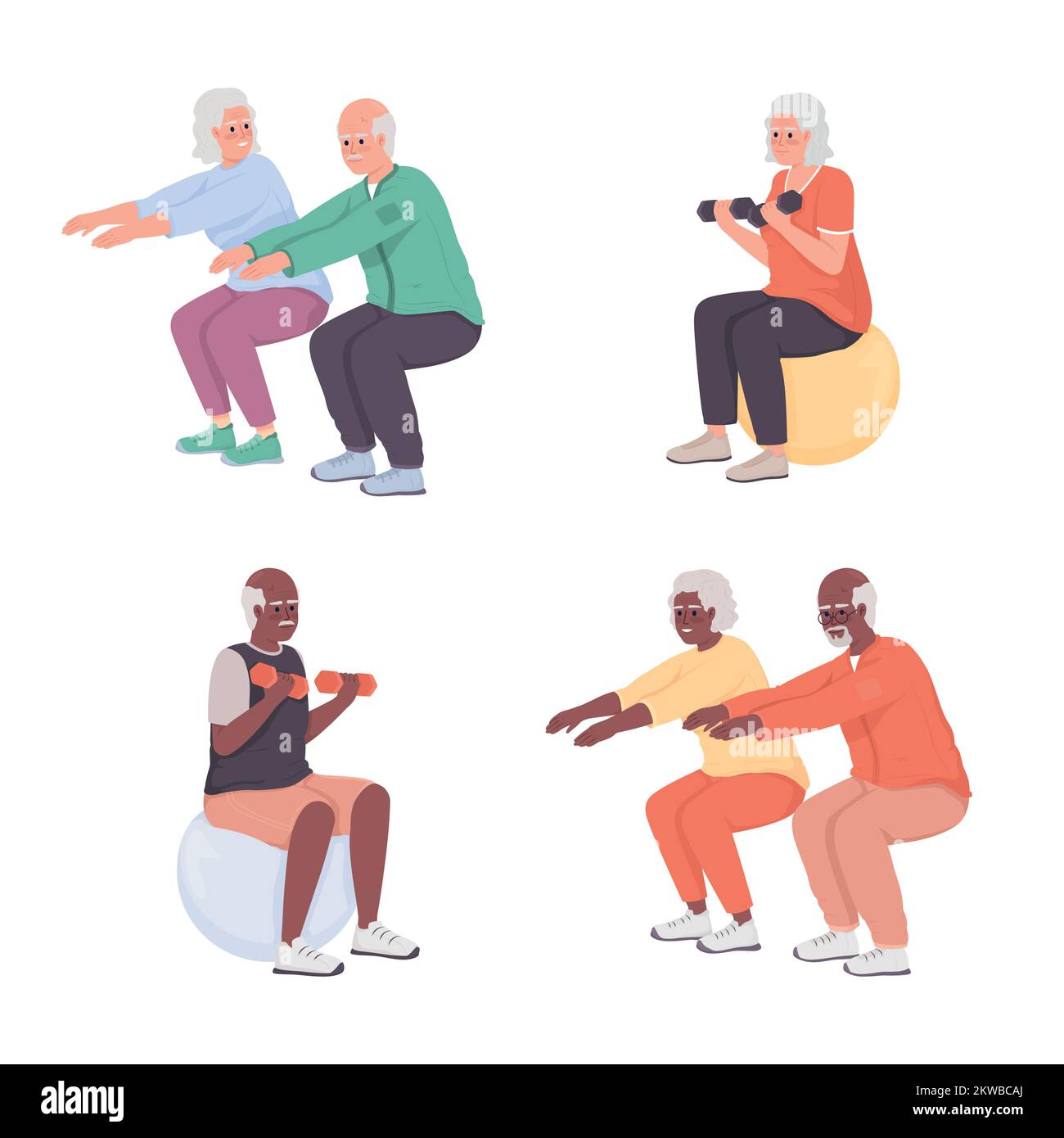 Esercizio per anziani semi-piatto colore vettore set caratteri Illustrazione Vettoriale