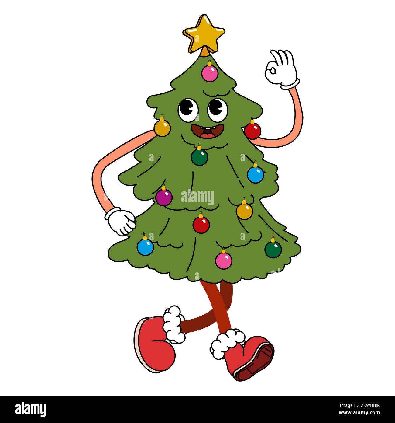 Albero di Natale divertente retro comico di Natale carattere, le mani gloved Illustrazione Vettoriale