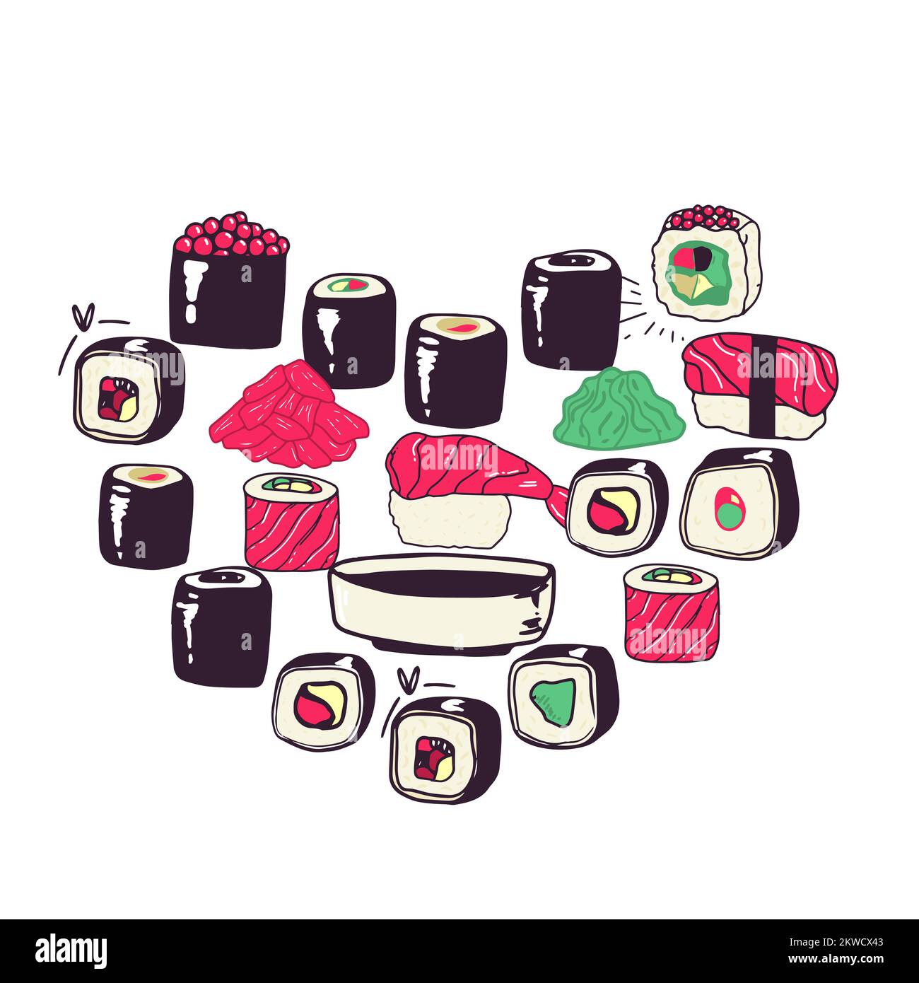 Sushi impostato su bianco. isolato su bianco a forma di cuore. Illustrazione Vettoriale
