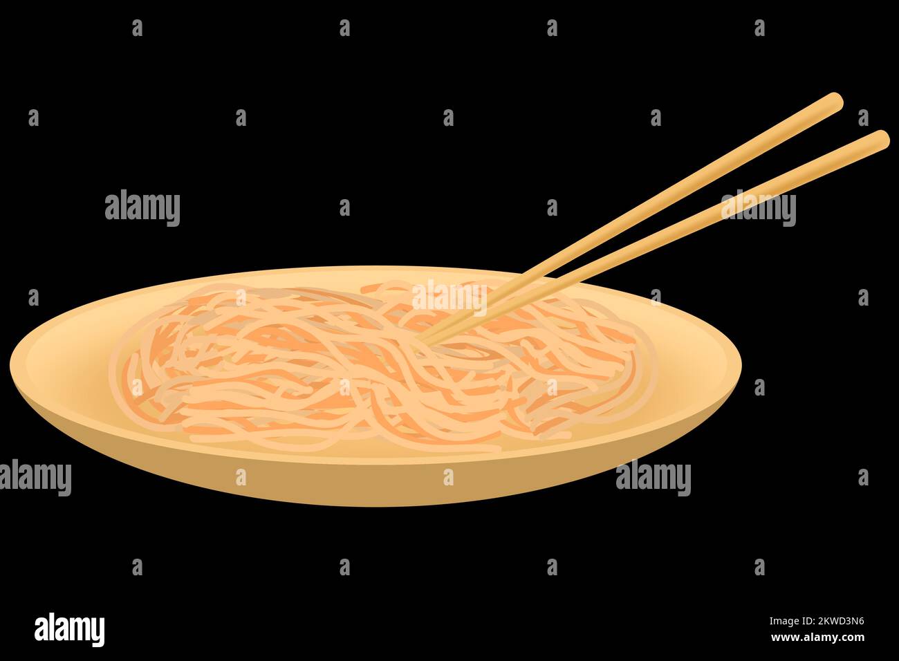 Spaghetti al wok in un piatto di bambù con bacchette su sfondo nero. Immagine vettoriale. Illustrazione Vettoriale