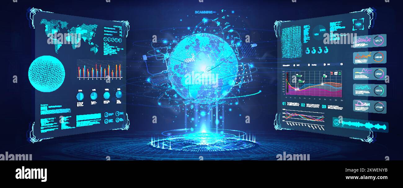 Cyberspazio futuristico con elementi dashboard HUD. 3D ologramma del globo terrestre Illustrazione Vettoriale