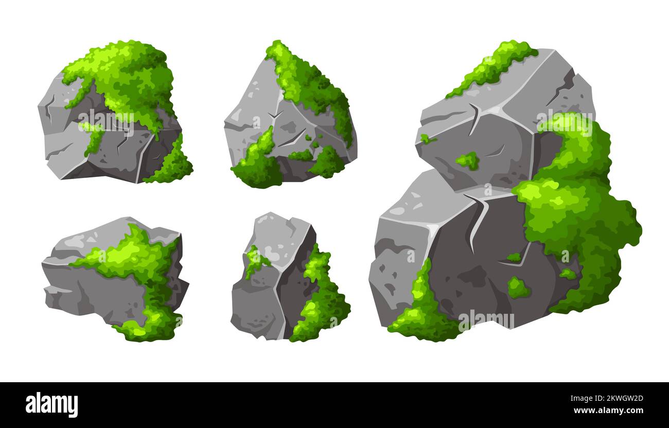 Impostare pietre grigie con muschio verde . Elemento di foresta, natura montano roccia. Insegna di Boulder per il design. Illustrazione vettoriale isolata su bianco Illustrazione Vettoriale