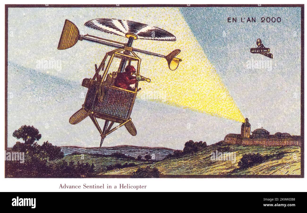 Advance Sentinel in un elicottero della serie France en l'an 2000 France nel 2000 (XXI secolo) una serie di immagini futuristiche di Jean-Marc Côté e di altri artisti emessi in Francia nel 1899, 1900, 1901 e 1910. Originariamente sotto forma di cartoncini di carta racchiusi in scatole di sigarette/sigari e, più tardi, come cartoline, le immagini raffiguravano il mondo come si pensava fosse come nel 2000. Foto Stock