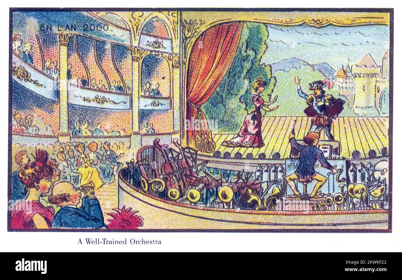 Esibizione teatrale con orchestra di strumenti meccanici con manovella di rotazione del conduttore umano. Dalla serie France en l'an 2000 France in the Year 2000 (XXI secolo) una serie di immagini futuristiche di Jean-Marc Côté e di altri artisti pubblicati in Francia nel 1899, 1900, 1901 e 1910. Originariamente sotto forma di cartoncini di carta racchiusi in scatole di sigarette/sigari e, più tardi, come cartoline, le immagini raffiguravano il mondo come si pensava fosse come nel 2000. Foto Stock